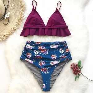Cupshe high rise plum and floral reversible bikini